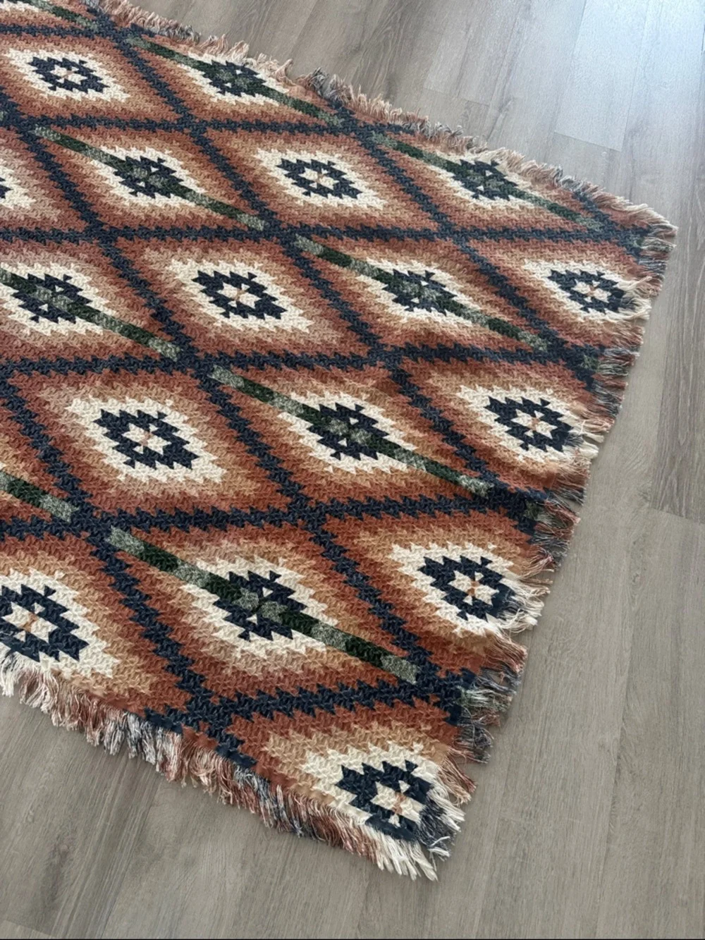 Aztec Geometric pattern woven Throw Blanket Tan Navy Rust Cotton 52x64 NEW